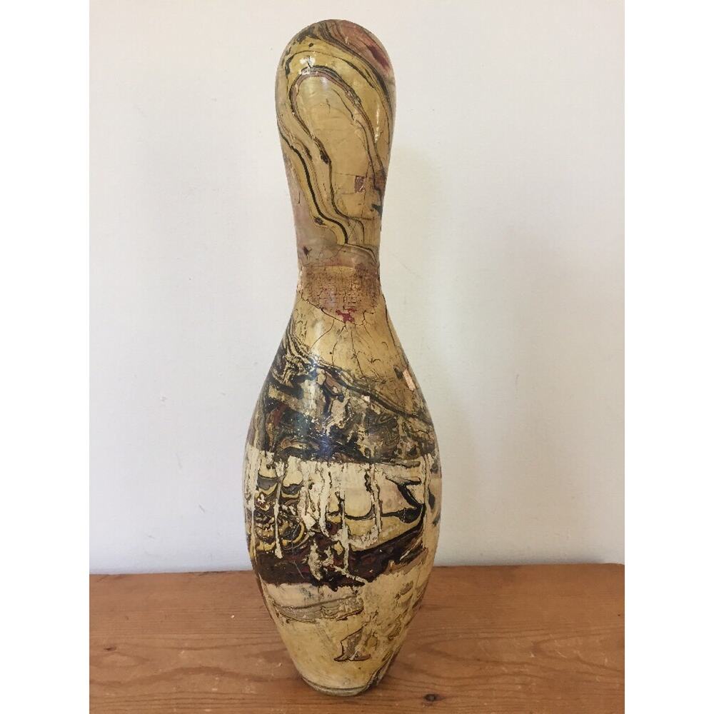 Vtg Antique Upcycled Hand Painted Marbleized Brown Tan Standard Bowling Pin 15"